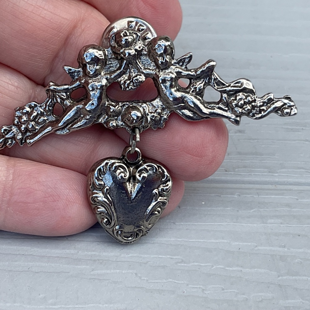 Vintage Cherub Pin Silvertone tac pin dangle heart 3” long - Picture 5 of 8